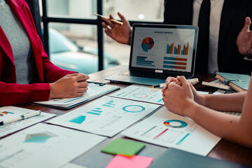 Business alliance groups by analyzing documents, discussing reports at the board meeting table. A...