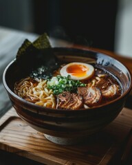Premium Ramen Bowl with Soft-Boiled Egg, Nori, and Chashu Pork – Ultra-Premium Minimalist Japanese Cuisine Aesthetic. Selective Focus