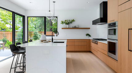 Sleek Modern European Style Kitchen with Handleless Light Wood Cabinets and White Countertops