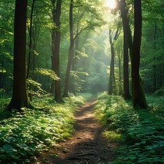 Obraz premium Sunlight filtering through dense foliage creating light patches on the ground. Generated AI