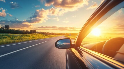 Vivid sunset reflected in car side mirror on road
