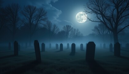  Spooky graveyard under a full moon with fog