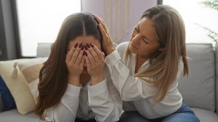 Hispanic women in living room showing family love as mother comforts upset daughter indoors.