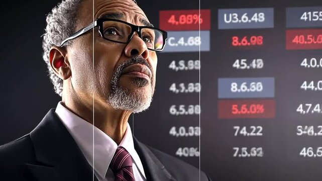 Mastering the Market: A distinguished, experienced businessman, gazing thoughtfully with confidence beside financial data, epitomizing strategic insight and analytical prowess. 