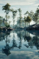 Calm river water reflecting trees in a serene landscape
