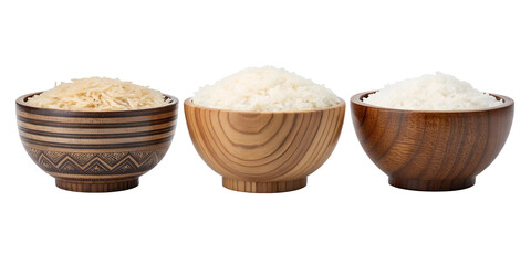 Three Styles of Wooden Rice Bowls, Rice in Different Wooden Containers, White Background, Rustic Decor, PNG Transparent