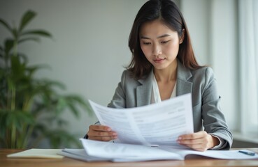 Naklejka premium Asian business woman reviews financial documents in bright office. Female pro analyzes paperwork at desk. Corporate employee works with business reports. Accountant checks accounting statements.