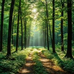 Obraz premium Sunlight filtering through dense foliage creating light patches on the ground. Generated AI