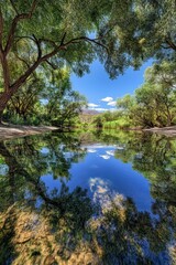 Reflection of trees on serene river water under clear blue sky