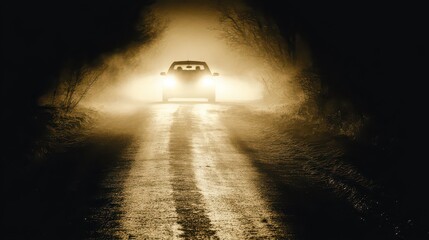 A dark urban road with a single car driving in the distance, headlights illuminating the misty night air.