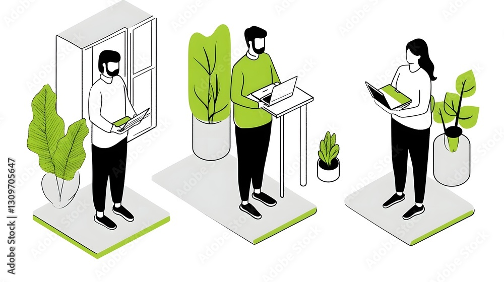 Poster data analytics and business intelligence professionals working with statistics in isometric flat des