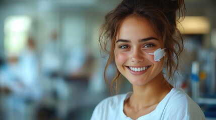 A smiling woman with long, dark hair shows her bare arm, revealing a decorative Band-Aid on her shoulder.