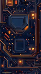 Abstract tech circuit board; glowing orange lines, dark blue background; perfect for tech backgrounds