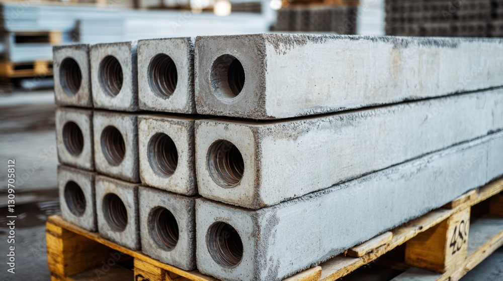 Poster a stack of concrete beams featuring rounded corners is neatly arranged on wooden pallets in a busy c
