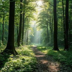 Obraz premium Sunlight filtering through dense foliage creating light patches on the ground. Generated AI