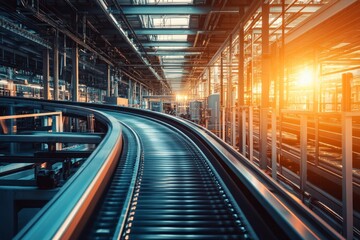 Fototapeta premium A well-composed image of a logistics facility, highlighting the organized flow of inventory from storage to distribution, conveyor belts and automated systems actively managing products, 