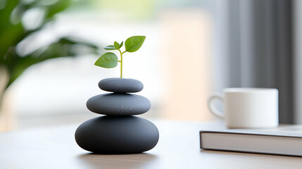 Small Plant Sprouting on Stacked Grey Stones on Wooden Table
