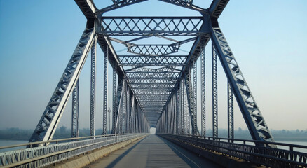 Obraz premium Steel bridge spans a wide river, showcasing symmetrical beams and supporting structures under a clear blue sky during daytime