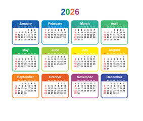 Calendar grid 2026 colorful vector Simple layout of pocket or wall calendar, Sunday Start Horizontal colorful calendar