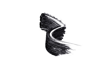Black swatch, mascara brushstroke smear isolated on white background flat lay