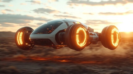 Futuristic vehicle in flight over desert landscape