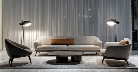Modern, minimalist living room with beige sofa, dark chairs, and round coffee table.