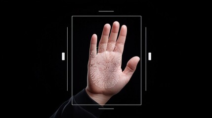 a person's hand in front of a scanner, with a black background. The hand is in the center of a square outline