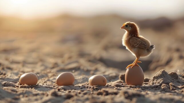 Young chick standing confidently on an egg in a sandy field under soft sunlight, symbolizing the life cycle and growth process in a natural environment... - Powered by Adobe