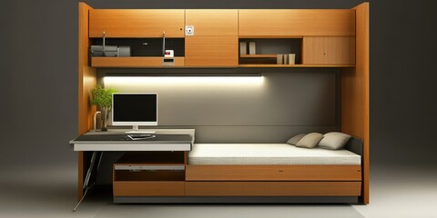 A modern designed compact wooden bed with integrated features and desk