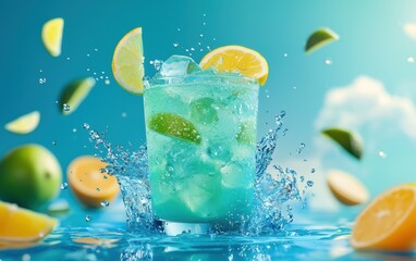 Blue lagoon cocktail with floating citrus slices and splashing blue liquid on neon blue background