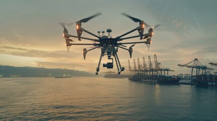 Massive drone hovering over shipping yard, scanning cargo with advanced AI technology. Smart logistics optimize freight management, enhancing supply chain efficiency...