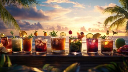 A refreshing variety of fruity cocktails with ice, citrus slices, and fresh herbs, resting on a rustic bar with swaying palm trees and a golden beach horizon