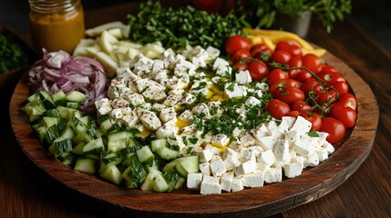 Rustic wooden platter with feta, tomatoes, herbs