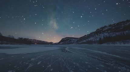 Low-angle shot of glowing auroras shimmering above a frozen lake under a star-filled sky, cinematic surreal majesty