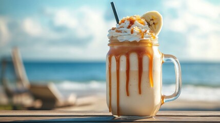 Fototapeta premium A delicious banana milkshake with caramel topping and fresh banana slices, served in a mason jar, sitting on a picnic table overlooking the sea