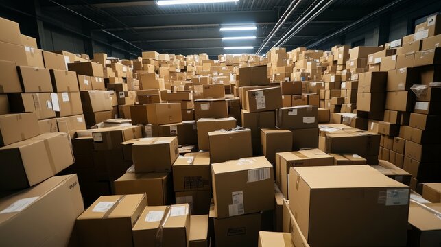  a lot of boxes at the post office, standing on the post office floor ready for processing, a huge pile of boxes showing the massive amount of e commerce returns, cinematic light 