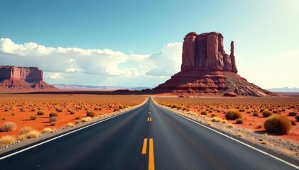 A solitary rock formation on a desert highway, solitary, rocks
