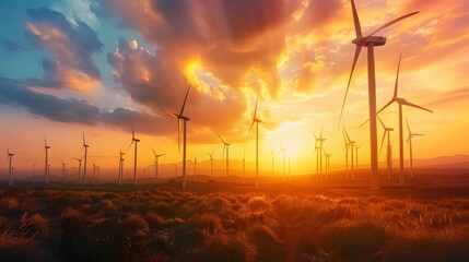 Obraz premium Low-angle shot of glowing futuristic wind turbines framed by a vivid orange sunset sky, cinematic serene innovation