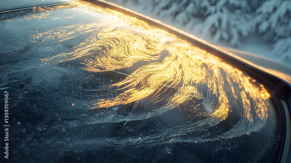 Poster close-up of glowing frost patterns forming on a car windshield illuminated by soft morning light, ci
