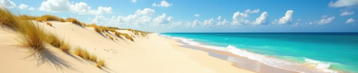 Fototapeta premium Vast dune system stretches towards sparkling summer sea, panorama, day