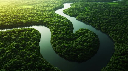 Winding river flows through lush green forest in serene landscape