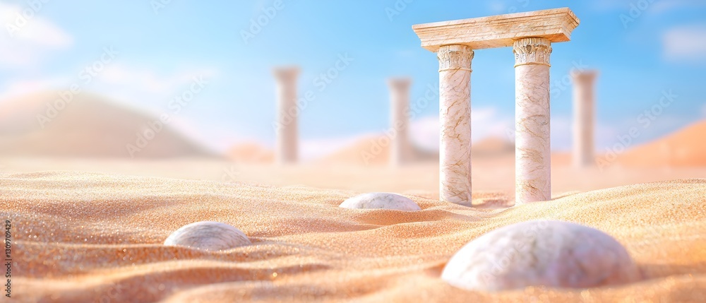 Poster a desert scene with a building in the background