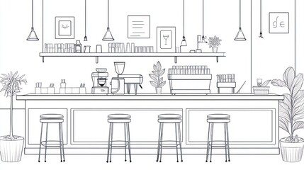 Obraz premium Cafe interior line drawing, coffee bar, modern design, empty, illustration