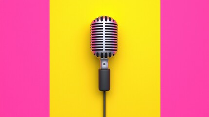 Retro microphone on vibrant yellow and pink background for creative audio content