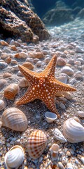 Underwater starfish and seashells on a rocky ocean floor in sunlit crystal waters