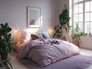A modern bedroom featuring a bed and indoor plants gracefully