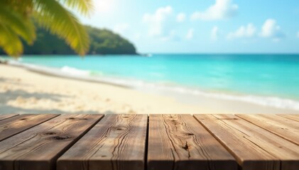 Fototapeta premium Rustic weathered wood table, blurred beach backdrop, sky, element