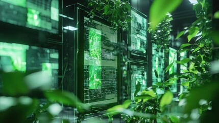Futuristic digital screens among green foliage in a modern simple design.