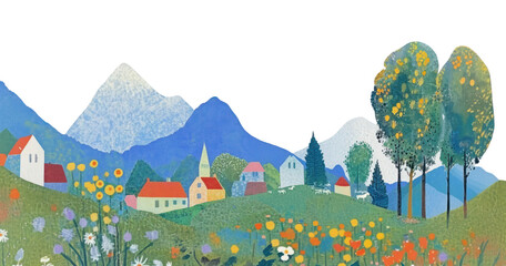 PNG Town in mountain illustration landscape nature.