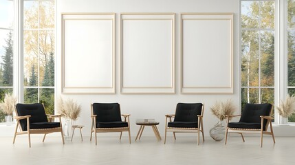 a cozy and bright living room with four empty picture frames